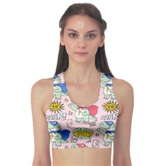 Seamless-pattern-with-many-funny-cute-superhero-dinosaurs-t-rex-mask-cloak-with-comics-style-inscrip Fitness Sports Bra by uniart180623