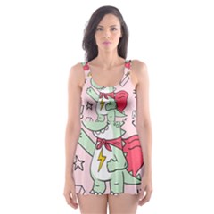 Seamless-pattern-with-many-funny-cute-superhero-dinosaurs-t-rex-mask-cloak-with-comics-style-inscrip Skater Dress Swimsuit