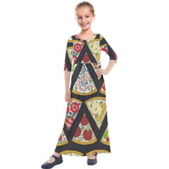 Vector-seamless-pattern-with-italian-pizza-top-view Kids  Quarter Sleeve Maxi Dress by uniart180623