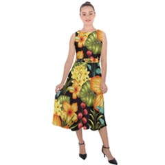 Fabulous-colorful-floral-seamless Midi Tie-back Chiffon Dress