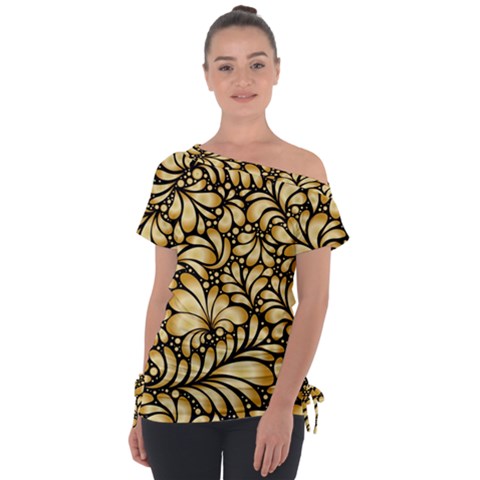 Damask-teardrop-gold-ornament-seamless-pattern Off Shoulder Tie-up Tee by uniart180623