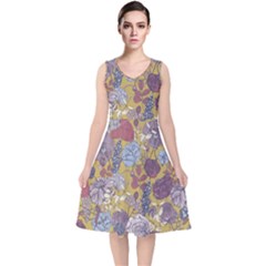 Floral-seamless-pattern-with-flowers-vintage-background-colorful-illustration V-neck Midi Sleeveless Dress 