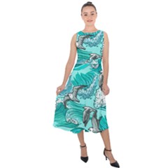 Sea-waves-seamless-pattern Midi Tie-back Chiffon Dress