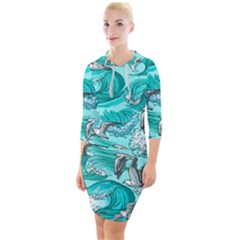 Sea-waves-seamless-pattern Quarter Sleeve Hood Bodycon Dress