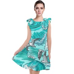 Sea-waves-seamless-pattern Tie Up Tunic Dress