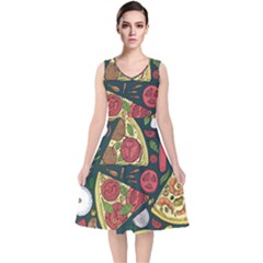 Vector-seamless-pizza-slice-pattern-hand-drawn-pizza-illustration-great-pizzeria-menu-background V-neck Midi Sleeveless Dress 