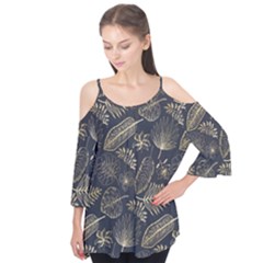 Elegant-pattern-with-golden-tropical-leaves Flutter Sleeve Tee 