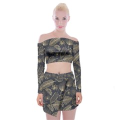 Elegant-pattern-with-golden-tropical-leaves Off Shoulder Top With Mini Skirt Set by uniart180623