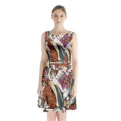 Natural-seamless-pattern-with-tiger-blooming-orchid Sleeveless Waist Tie Chiffon Dress by uniart180623