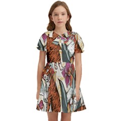 Natural-seamless-pattern-with-tiger-blooming-orchid Kids  Bow Tie Puff Sleeve Dress by uniart180623