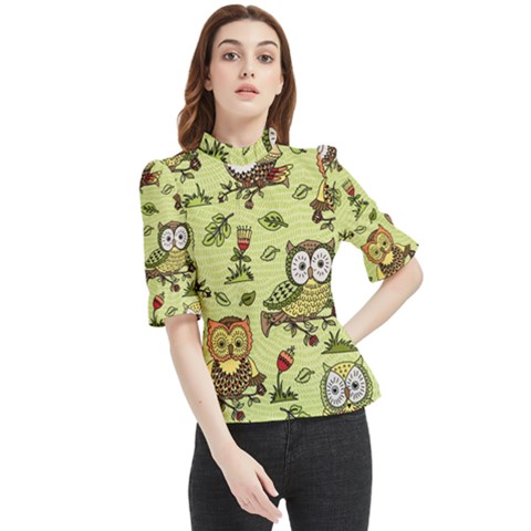 Seamless-pattern-with-flowers-owls Frill Neck Blouse by uniart180623