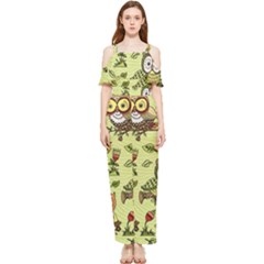 Seamless-pattern-with-flowers-owls Draped Sleeveless Chiffon Jumpsuit by uniart180623