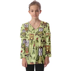 Seamless-pattern-with-flowers-owls Kids  V Neck Casual Top by uniart180623