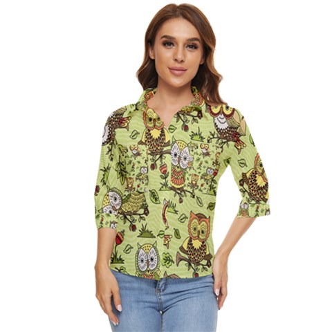 Seamless-pattern-with-flowers-owls Women s Quarter Sleeve Pocket Shirt by uniart180623
