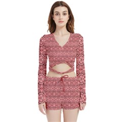 Pink-art-with-abstract-seamless-flaming-pattern Velvet Wrap Crop Top And Shorts Set by uniart180623