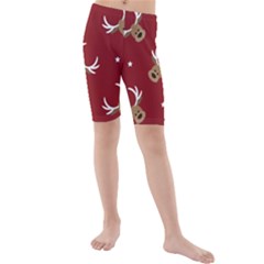 Cute-reindeer-head-with-star-red-background Kids  Mid Length Swim Shorts by uniart180623