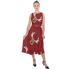 Cute-reindeer-head-with-star-red-background Midi Tie-back Chiffon Dress