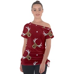 Cute-reindeer-head-with-star-red-background Off Shoulder Tie-up Tee