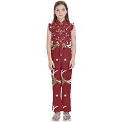 Cute-reindeer-head-with-star-red-background Kids  Sleeveless Ruffle Edge Band Collar Chiffon One Piece by uniart180623