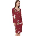 Cute-reindeer-head-with-star-red-background Long Sleeve V-Neck Bodycon Dress  View3