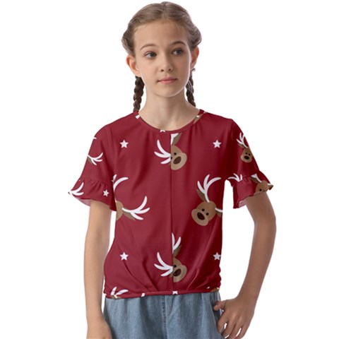 Cute-reindeer-head-with-star-red-background Kids  Cuff Sleeve Scrunch Bottom Tee by uniart180623