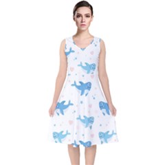 Seamless-pattern-with-cute-sharks-hearts V-neck Midi Sleeveless Dress 