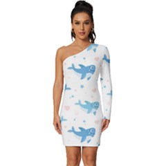 Seamless-pattern-with-cute-sharks-hearts Long Sleeve One Shoulder Mini Dress