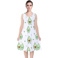 Cute-seamless-pattern-with-avocado-lovers V-neck Midi Sleeveless Dress 