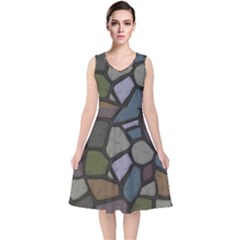 Cartoon-colored-stone-seamless-background-texture-pattern - V-neck Midi Sleeveless Dress 