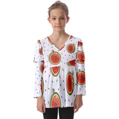 Seamless-background-pattern-with-watermelon-slices Kids  V Neck Casual Top by uniart180623