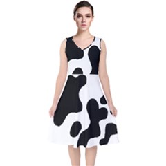 Cow Pattern V-neck Midi Sleeveless Dress 