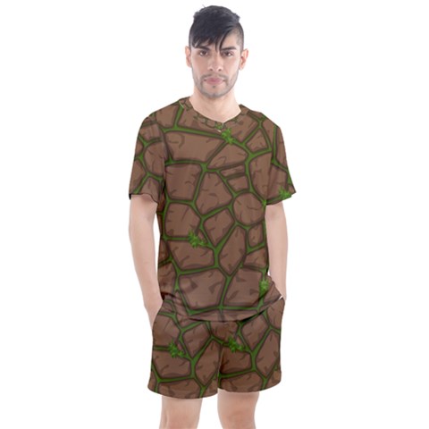 Cartoon-brown-stone-grass-seamless-background-texture-pattern Men s Mesh Tee And Shorts Set by uniart180623