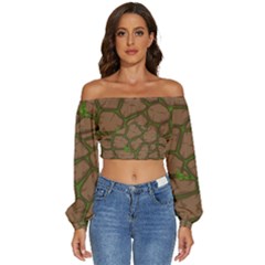 Cartoon-brown-stone-grass-seamless-background-texture-pattern Long Sleeve Crinkled Weave Crop Top