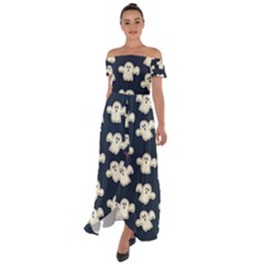 Hand-drawn-ghost-pattern Off Shoulder Open Front Chiffon Dress