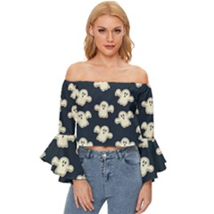 Hand-drawn-ghost-pattern Off Shoulder Flutter Bell Sleeve Top by uniart180623