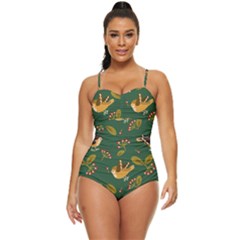 Cute-seamless-pattern-bird-with-berries-leaves Retro Full Coverage Swimsuit