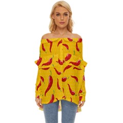 Chili-vegetable-pattern-background Off Shoulder Chiffon Pocket Shirt