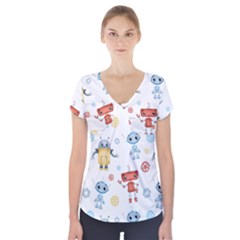 Cute-cartoon-robots-seamless-pattern Short Sleeve Front Detail Top by uniart180623