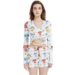 Cute-cartoon-robots-seamless-pattern Velvet Wrap Crop Top And Shorts Set by uniart180623