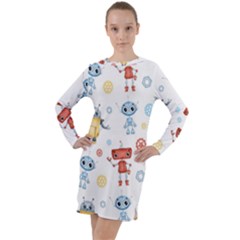 Cute-cartoon-robots-seamless-pattern Long Sleeve Hoodie Dress by uniart180623