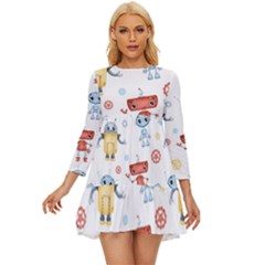 Cute-cartoon-robots-seamless-pattern Long Sleeve Babydoll Dress