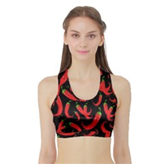 Seamless-vector-pattern-hot-red-chili-papper-black-background Sports Bra With Border by uniart180623