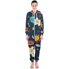 Seamless-pattern-with-breakfast-symbols-morning-coffee Hooded Jumpsuit (ladies) by uniart180623