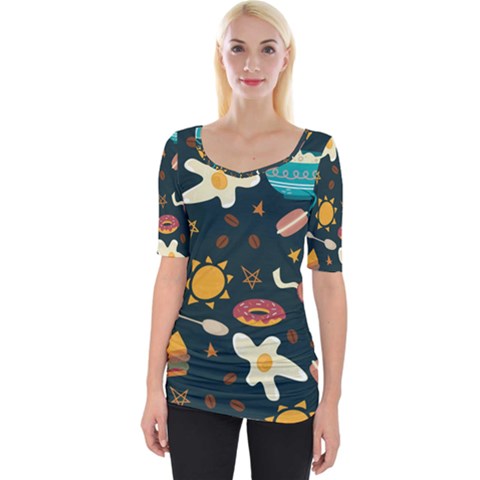 Seamless-pattern-with-breakfast-symbols-morning-coffee Wide Neckline Tee by uniart180623