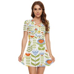 Seamless-pattern-with-various-flowers-leaves-folk-motif V-neck High Waist Chiffon Mini Dress by uniart180623