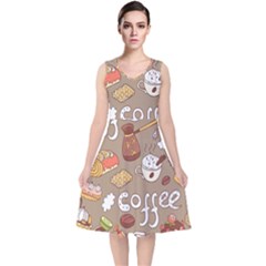 Vector-seamless-pattern-with-doodle-coffee-equipment V-neck Midi Sleeveless Dress 