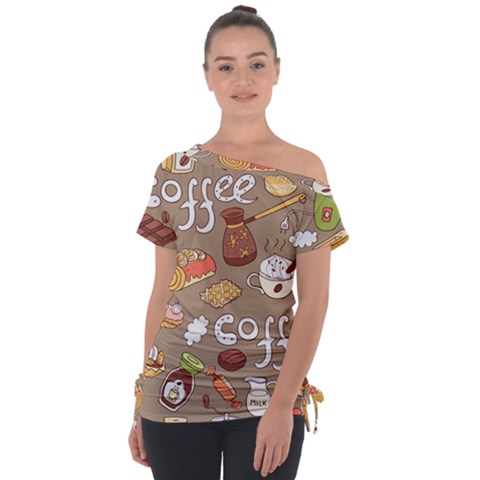 Vector-seamless-pattern-with-doodle-coffee-equipment Off Shoulder Tie-up Tee by uniart180623