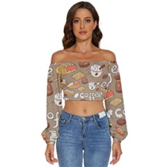 Vector-seamless-pattern-with-doodle-coffee-equipment Long Sleeve Crinkled Weave Crop Top by uniart180623