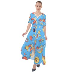 Hand-drawn-seamless-pattern-summer-time Waist Tie Boho Maxi Dress