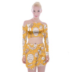 Vector-honey-element-doodle-seamless-pattern-with-beehive-beeke Off Shoulder Top With Mini Skirt Set by uniart180623